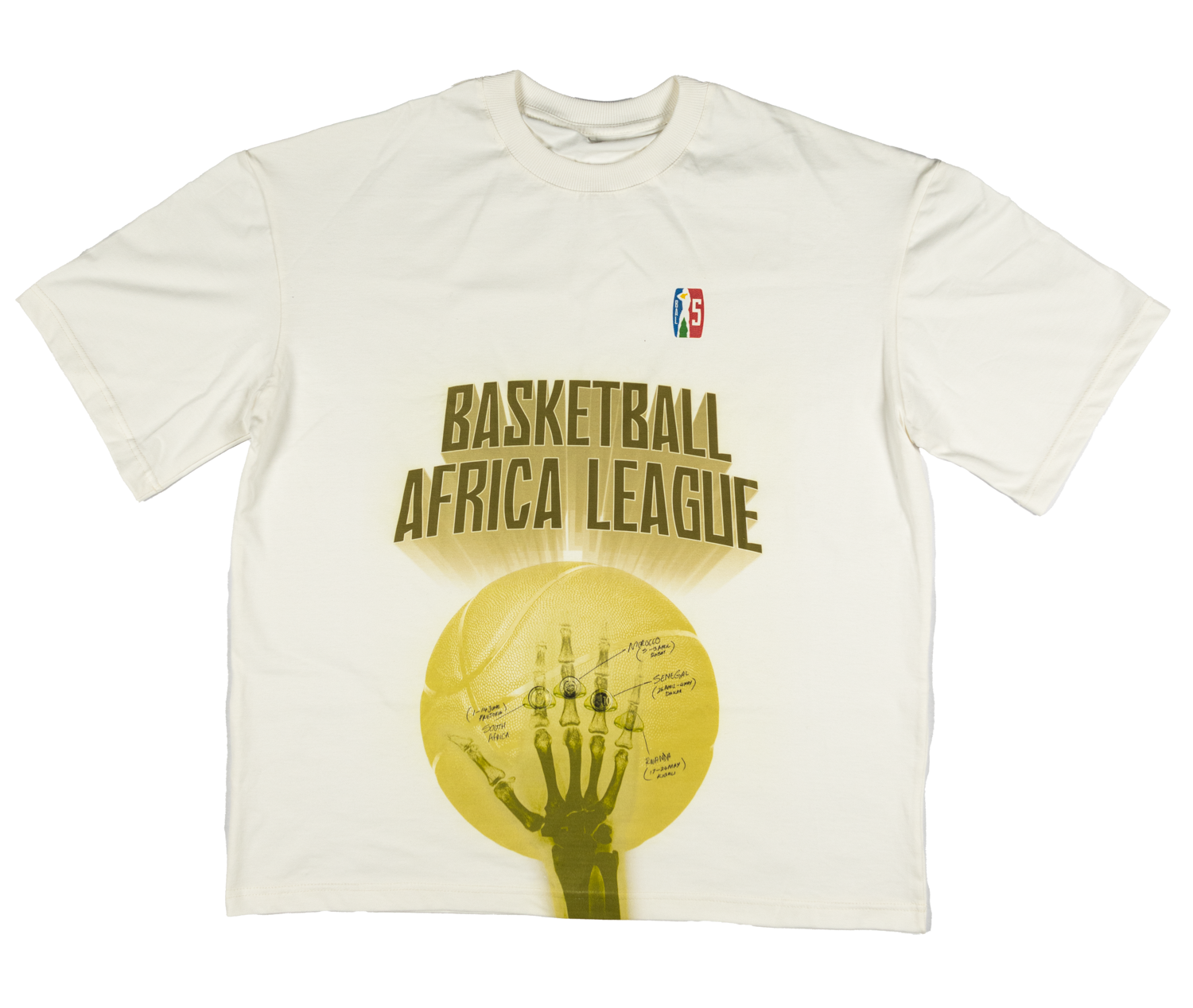 White t-shirt with a graphic of a basketball and text on a white background
