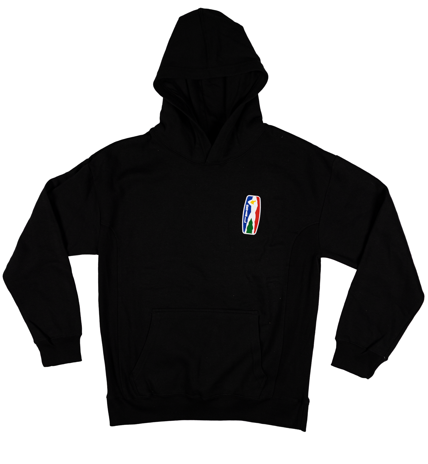 Black hoodie with a colorful logo on a white background