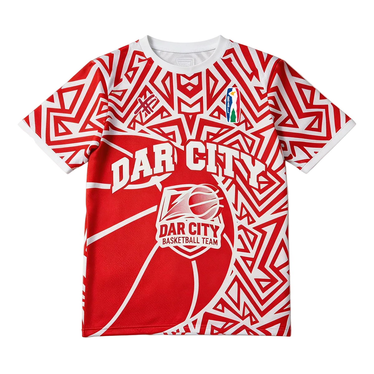 Red and white basketball jersey with 'Dar City' branding on a white background
