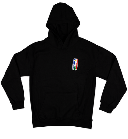 Black hoodie with a colorful logo on a white background