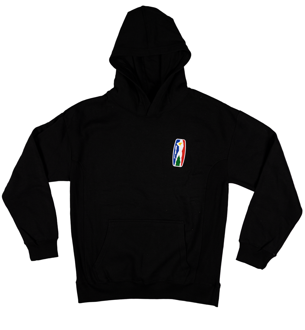 Black hoodie with a colorful logo on a white background