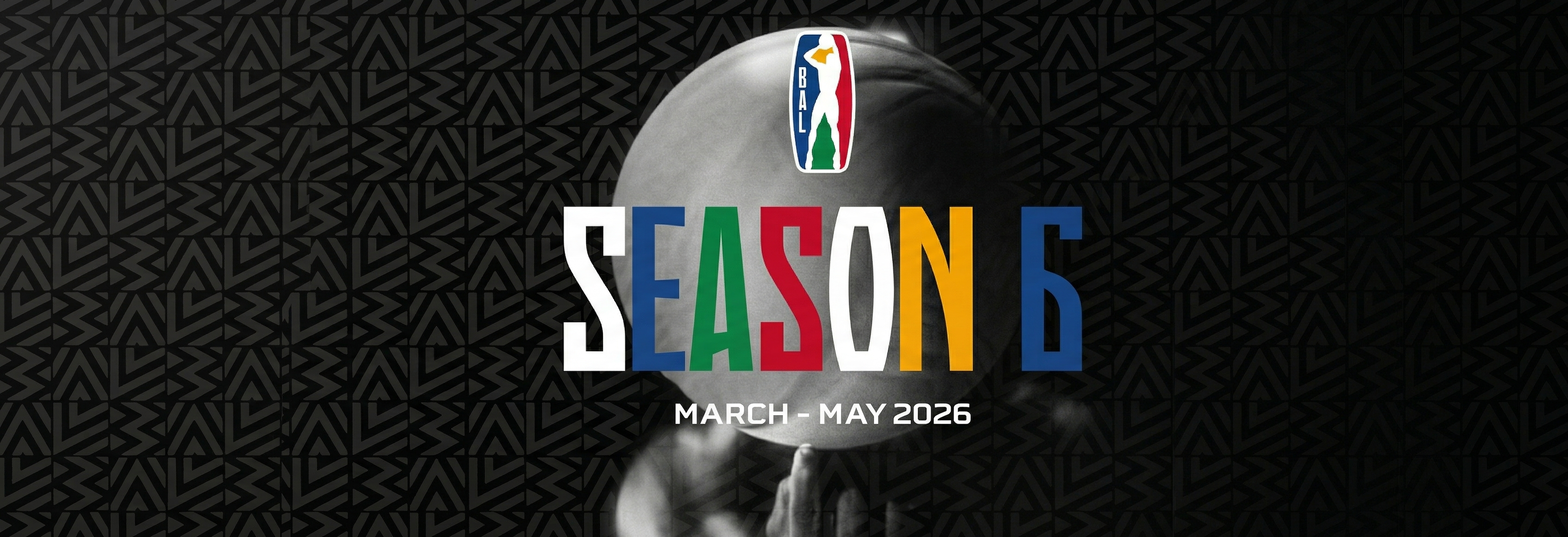 Promotional graphic for BAL Season 6 with a basketball and colorful text on a dark background